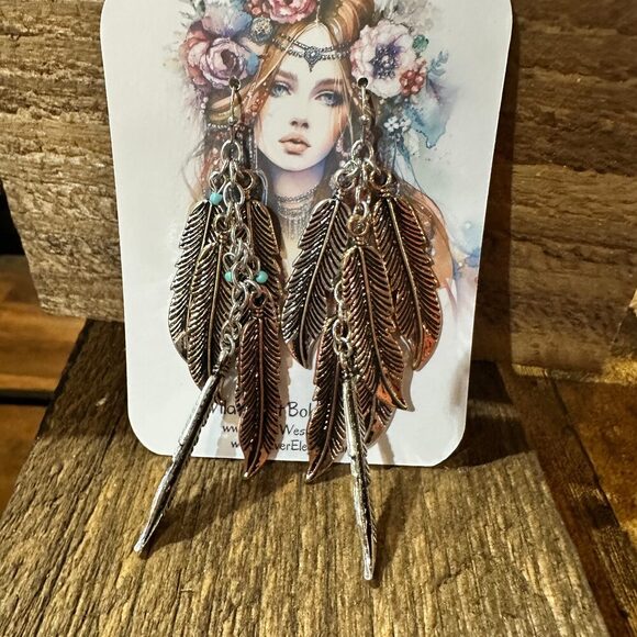 Tricolor Feather Charm Boho Metal Earrings - Picture 2 of 8
